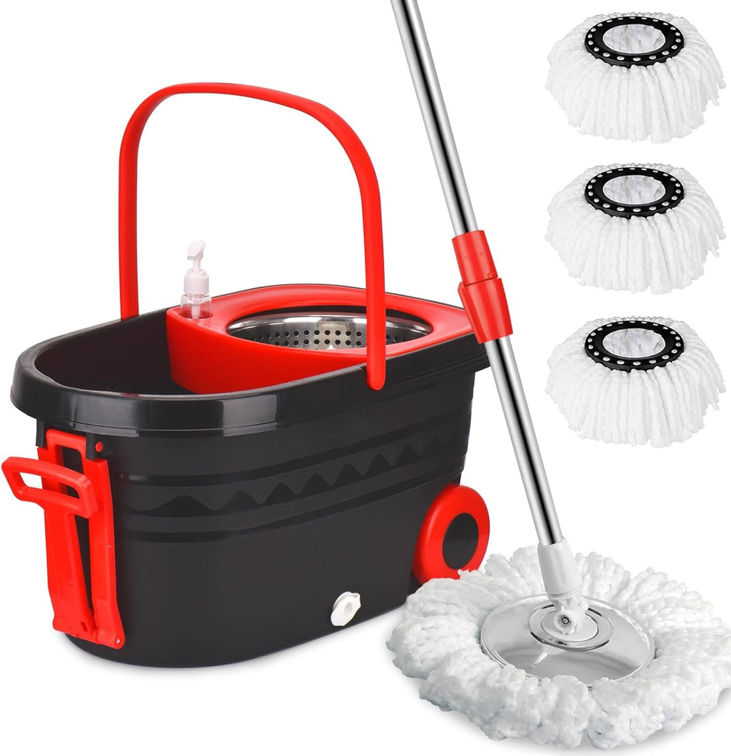 Spin Mop & Bucket Set with Wringer, Wheels & 360° Rotation – Floor Cleaning System with 3 Microfiber Heads & Stainless Steel Handle