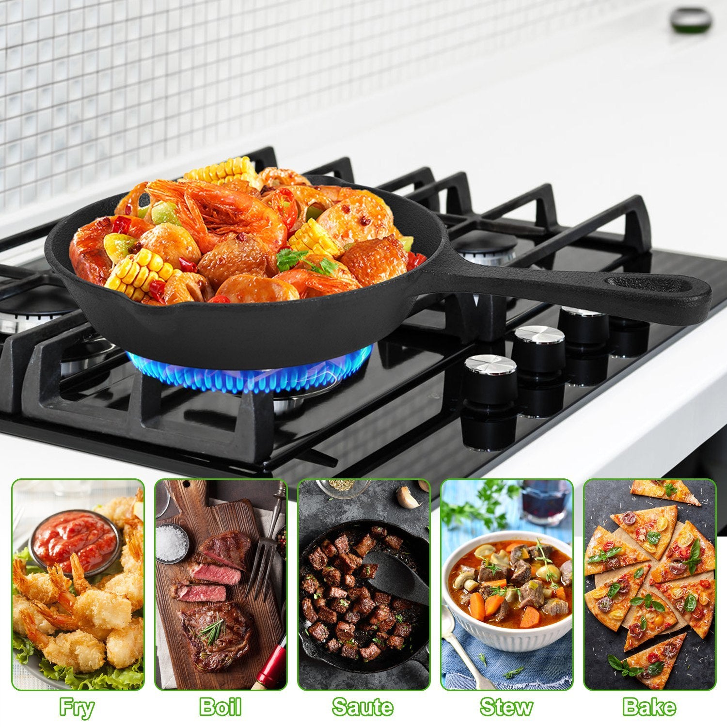 3-Piece Cast Iron Skillet Set (6/8/10in) - Pre-Seasoned