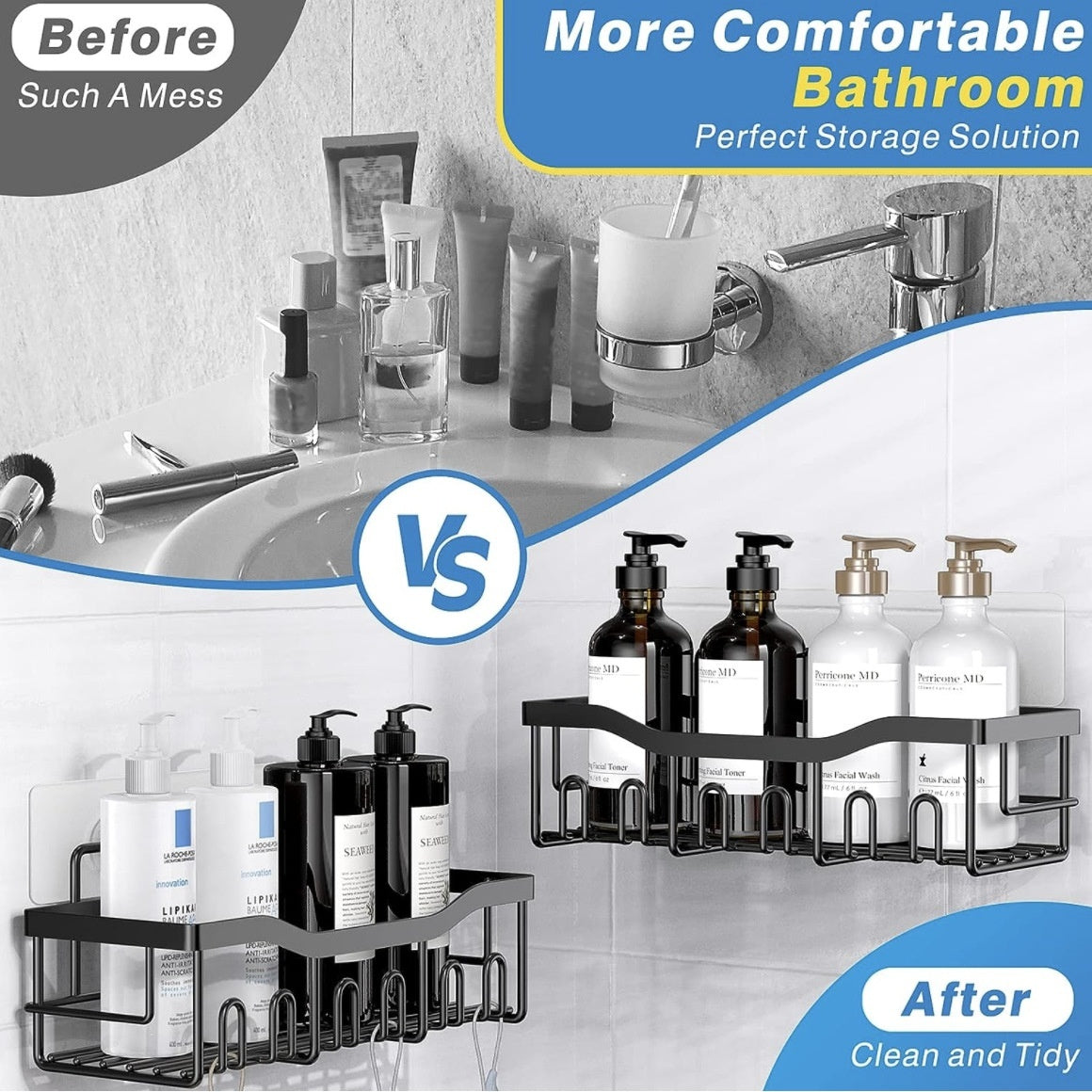 server kitchen Punch-Free Bathroom Storage Rack – Wall Mounted, Space-Saving Organizer for Toiletries,