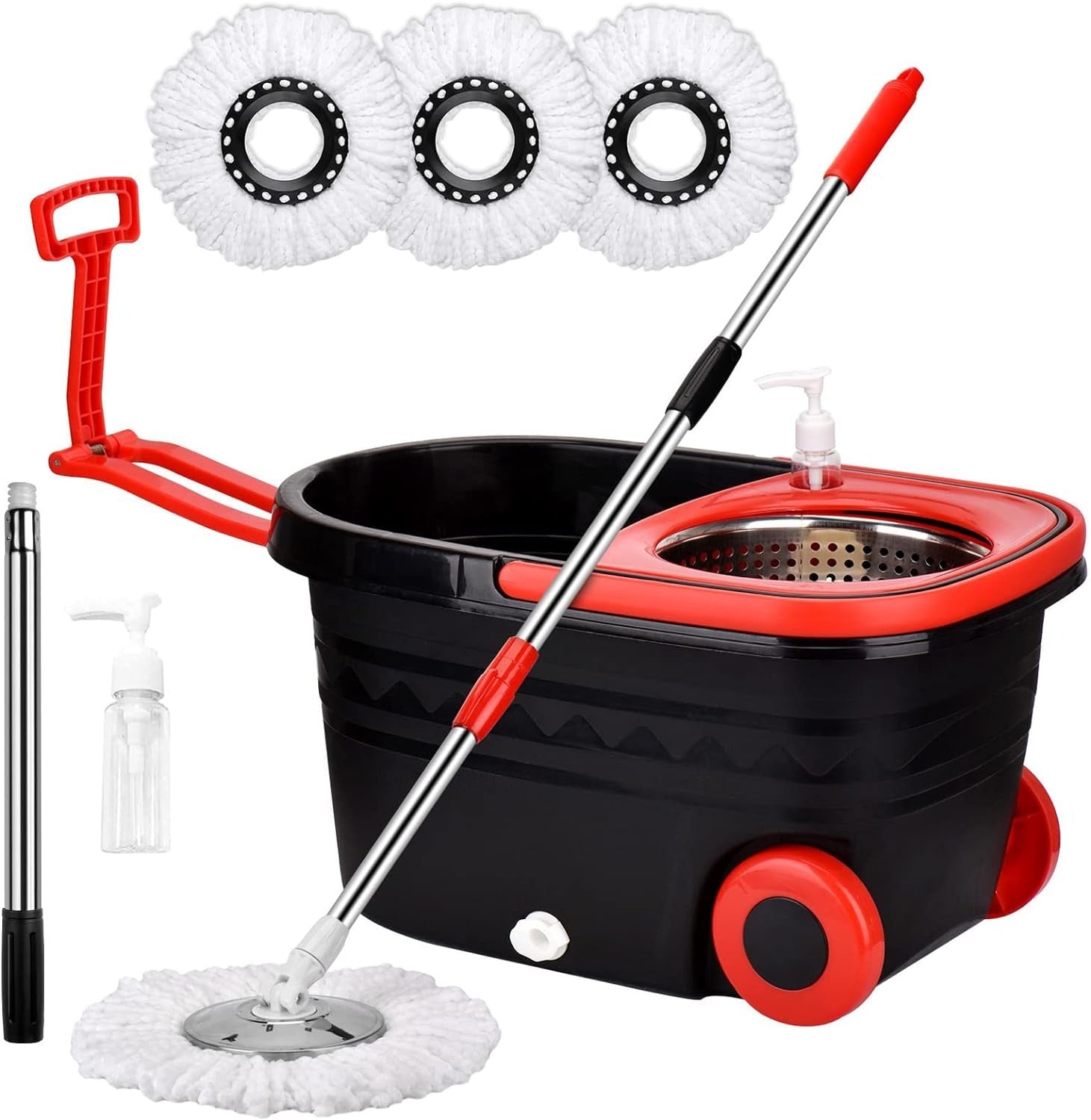 Spin Mop & Bucket Set with Wringer, Wheels & 360° Rotation – Floor Cleaning System with 3 Microfiber Heads & Stainless Steel Handle