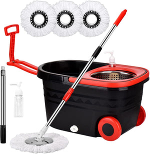 Spin Mop & Bucket Set with Wringer, Wheels & 360° Rotation – Floor Cleaning System with 3 Microfiber Heads & Stainless Steel Handle
