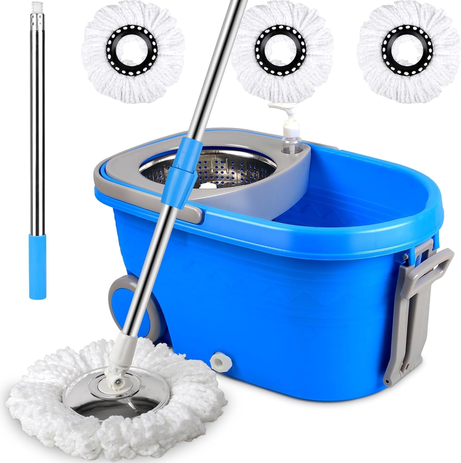 Spin Mop & Bucket Set with Wringer, Wheels & 360° Rotation – Floor Cleaning System with 3 Microfiber Heads & Stainless Steel Handle